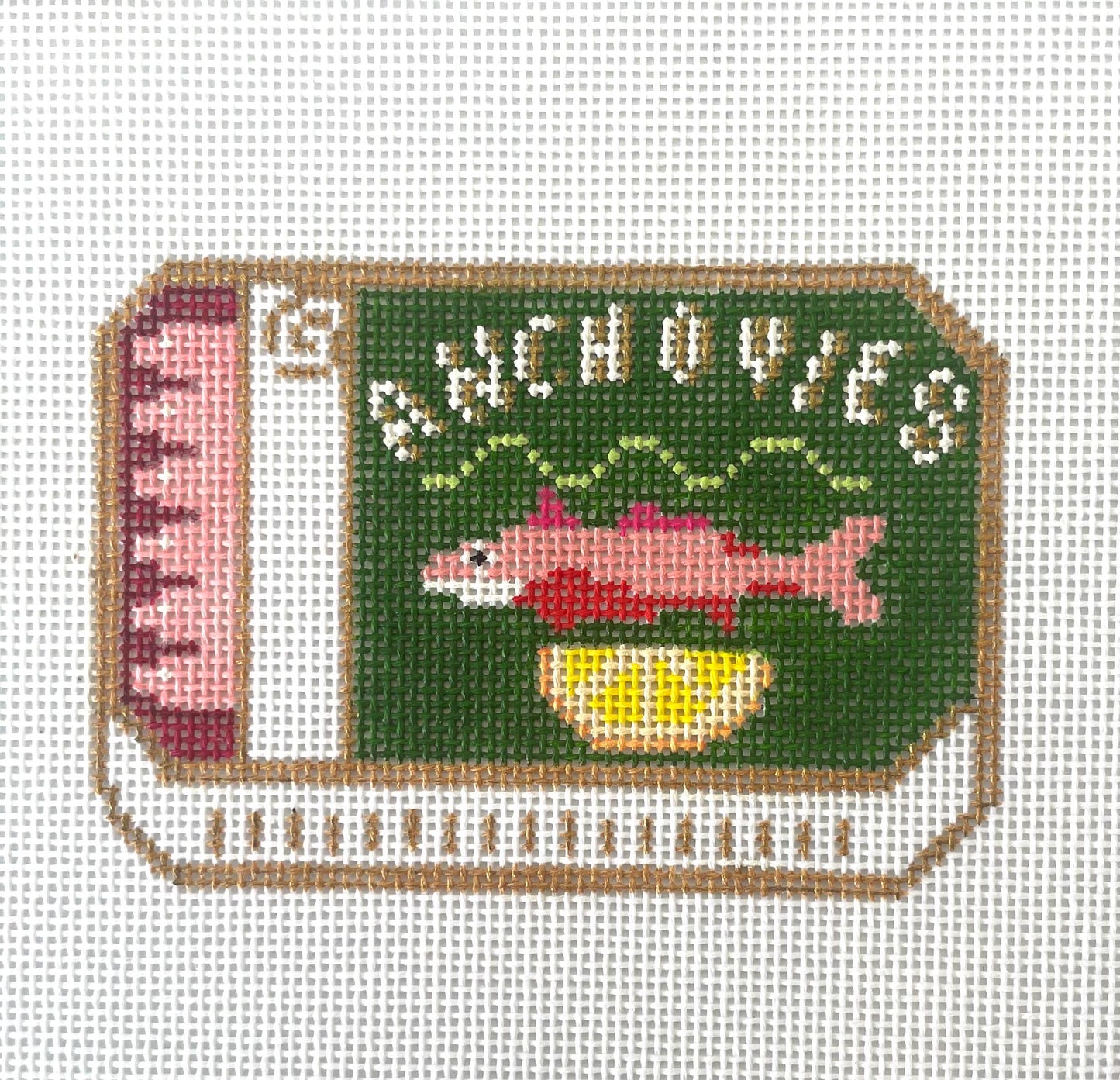 Tin of Anchovies stitch Painted Needlepoint Canvas