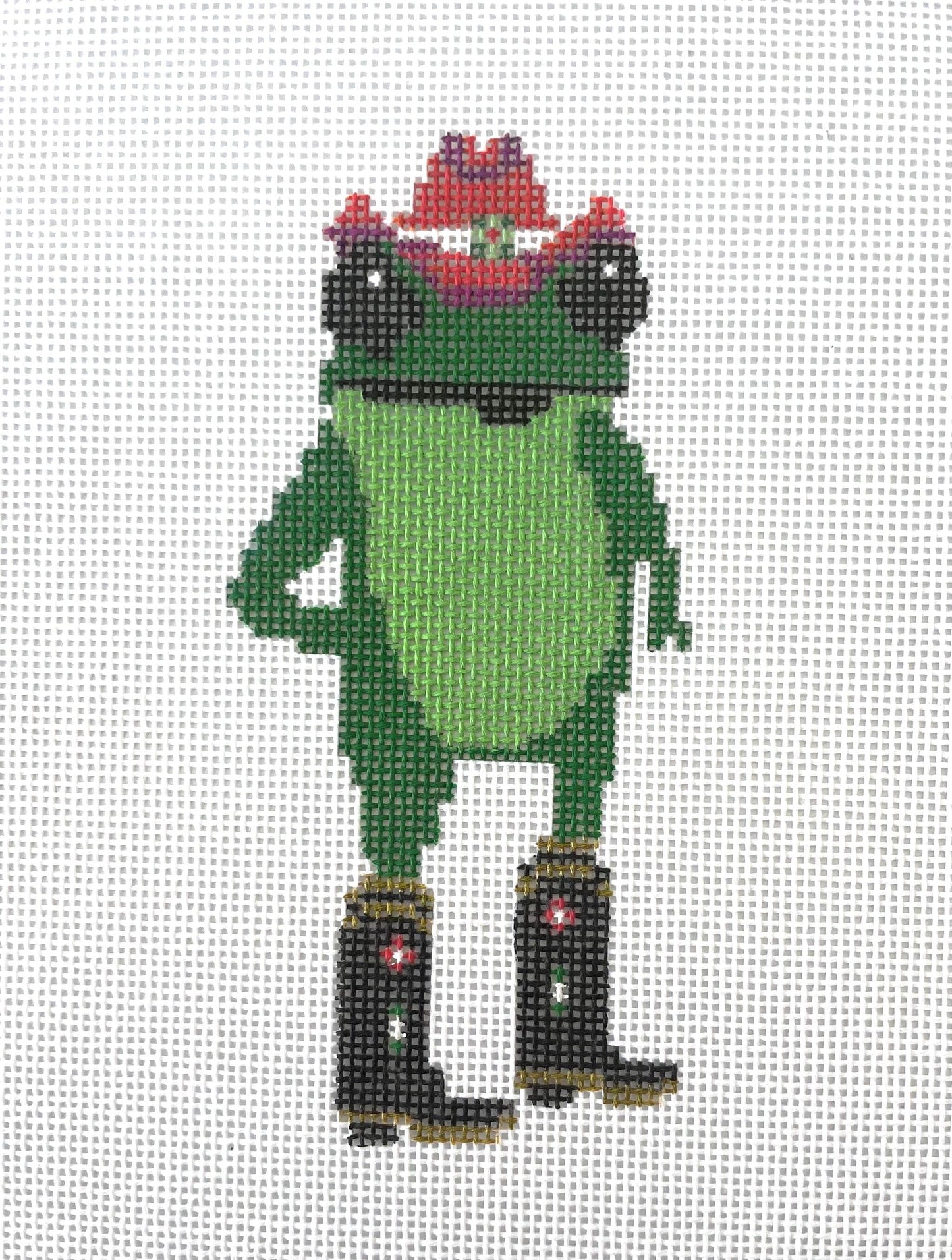 Cowgirl Christmas frog - hand painted needlepoint canvas