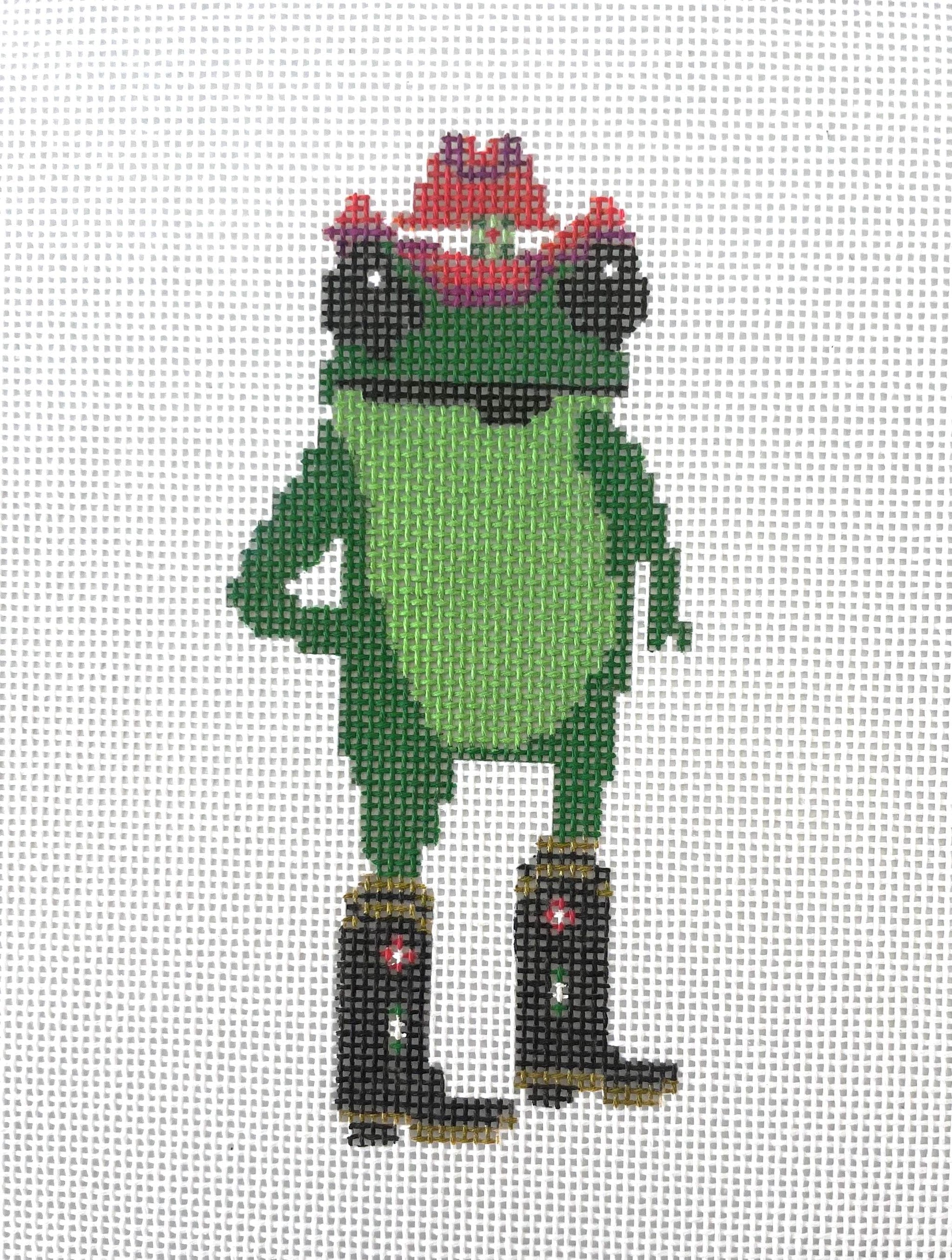 Cowgirl Christmas frog - hand painted needlepoint canvas