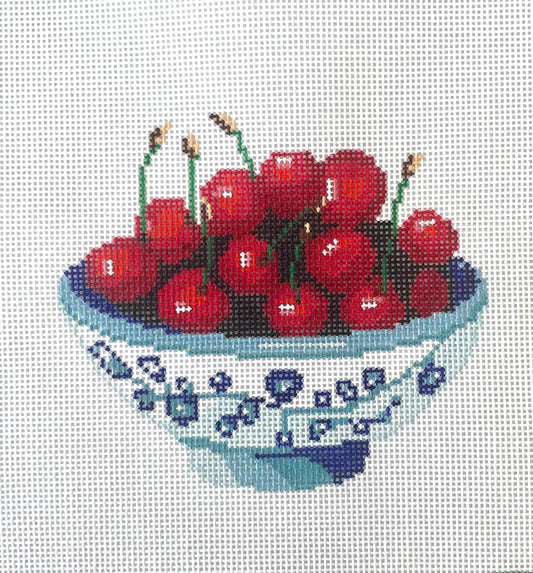 Cherries in a blue bowl stitch Painted Needlepoint Canvas