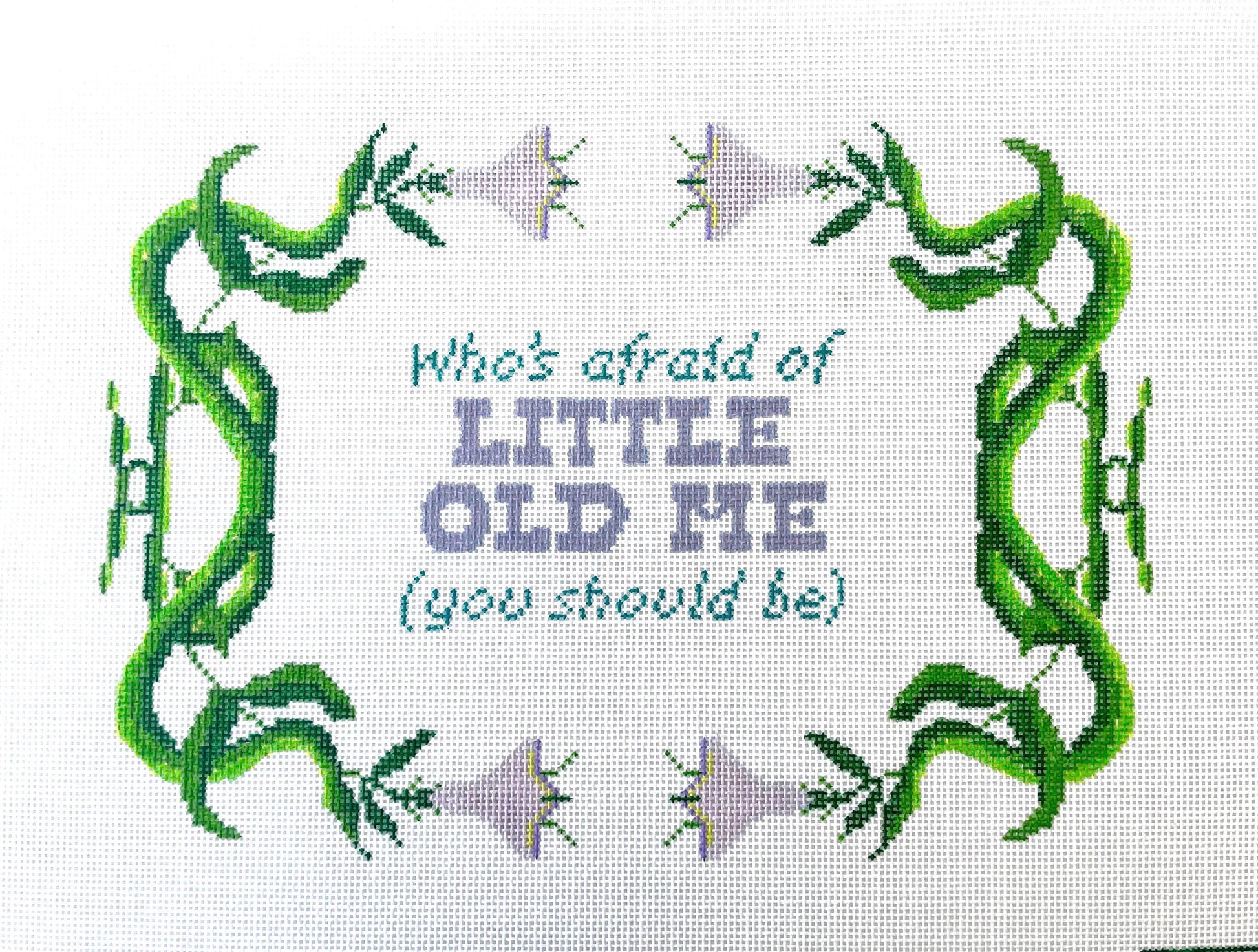 who’s afraid of little old me hand painted needlepoint canvas